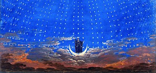 Karl Friedrich Schinkel: Die Sternenhalle der Königin der Nacht, Bühnenbild zur „Zauberflöte“ von Wolfgang Amadeus Mozart, 1815 (Ausschnitt)