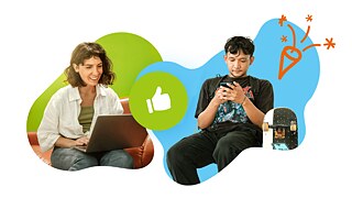 Людина працює за ноутбуком, інша людина користується смартфоном.