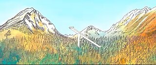 Illustrierte Berglandschaft mit schneebedeckten Gipfeln, einem farbenfrohen Wald und einer Seilbahn im Vordergrund.