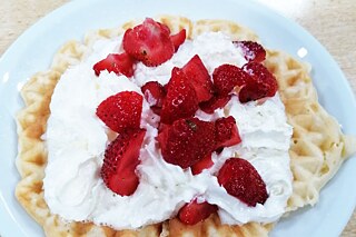 Eine Waffel mit Schlagsahne und Erdbeeren auf einem weißen Teller
