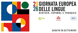Grafik für den Europäischen Tag der Sprachen 2026 mit den Farben der italienischen, französischen und deutschen Flaggen