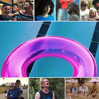 Collage mit Bildern aus 7 Filmen und einem Schwimmring auf dem Wasser in einem Schwimmbad
