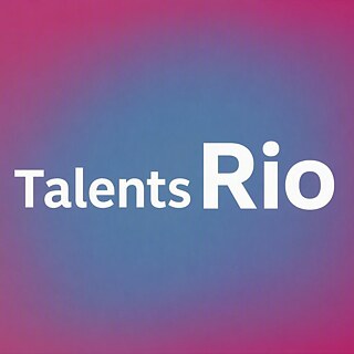 Grafik mit einem pink-violetten Farbverlauf und einem blauen Leuchteffekt in der Mitte. Zentral steht in großer weißer Schrift der Titel „Talents Rio“