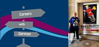 A picture with a navy blue background and two lines running through, one in light blue, one in magenta. On the left side a grey signpost which says "Careers" "with" "German" written in white letters. On the right side a picture of John Airlie standing in front of a poster.