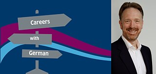 Navy blue background with two waves running through. One magenta coloured and one light blue. On the left grey signs with the writing "Careers with German". On the right side a smiling man wearing a suit.
