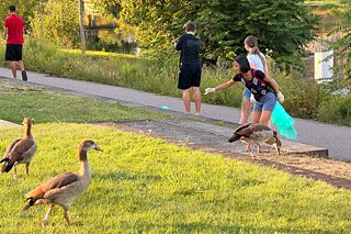 Jugendliche sammeln Müll an einem Flussufer.