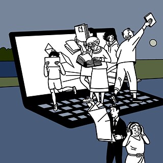 Illustration zur digitalen Bibliothek Onleihe: Mehrere Personen nutzen digitale Medien auf und vor einem großen Laptop. Zu sehen sind E-Books, Dokumente und Audioinhalte, die aus dem Bildschirm hervorgehen. Die Darstellung symbolisiert den orts- und zeitunabhängigen Zugang zu Büchern, Hörbüchern, Zeitschriften und weiteren digitalen Angeboten der Onleihe.