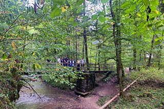 Jugendliche auf einer Holzbrücke in der Wutachschlucht