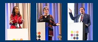 Portraits der drei Hauptredner*innen während ihres Vortrags auf dem Podium der ALTE-Konferenz.