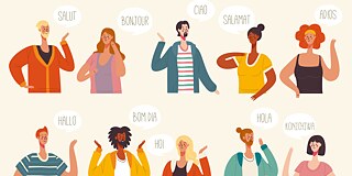 Comic of different people who say "Hello" in different languages.