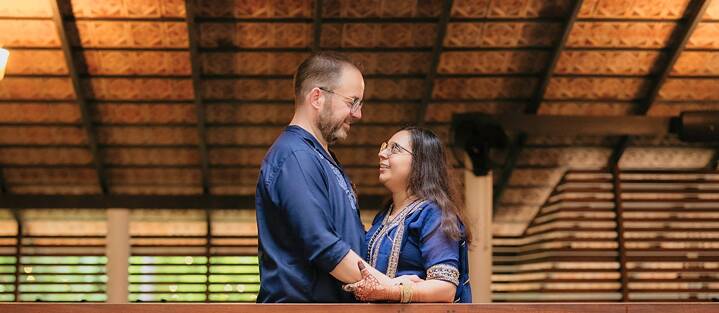 The couple at their family meetup in Kerala, India to celebrate their wedding