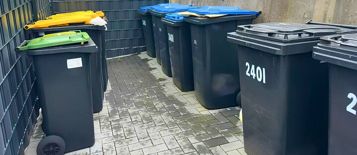 Mülltonnen in Bonn, Deutschland: gelb für Plastik, grün für Bioabfälle, blau für Papier und schwarz für Restmüll.