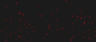 Abstrakte Grafik mit roten Punkten auf dunklem Hintergrund.