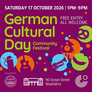 Colourful and playful promo image for a festival including images of a trumpet, a guitar, a sausage, a pretzel and a beer, as well as information such as date and time 