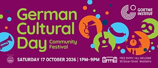 Colourful and playful promo image for a festival including images of a trumpet, a guitar, a sausage, a pretzel and a beer, as well as information such as date and time 