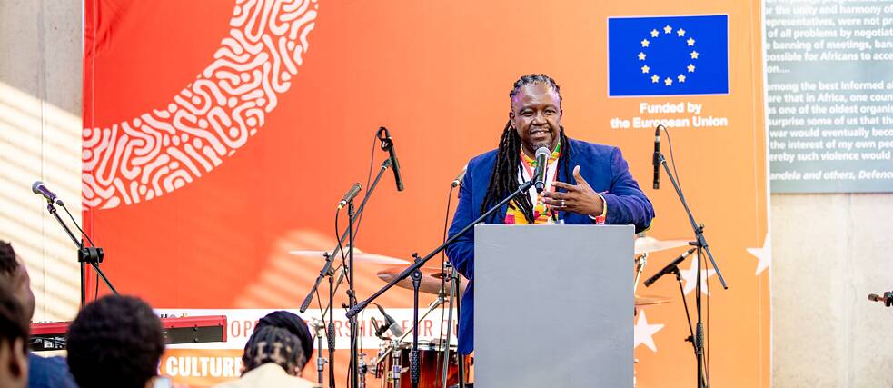Author and Keynote speaker Neo Lekgotla laga Ramoupi at Entanglement Launch event: South Africa at Liliesleaf Farm, Rivonia