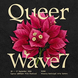 Queer Wave 7 poster featuring a pink bougainvillea flower on a dark background with festival details.