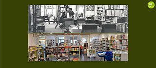 Ein schwarzweiß Bild der Bibliothek im alten Goethe-Institut Lyon und ein buntes Bild der Bibliothek im neuen Goethe-Institut Lyon.