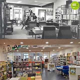 Ein schwarzweiß Bild der Bibliothek im alten Goethe-Institut Lyon und ein buntes Bild der Bibliothek im neuen Goethe-Institut Lyon.