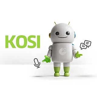Es wird der KOSI-Avatar, eine humanoide Roboterfigur, gezeigt.