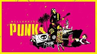 Pink and yellow slogan and woman playing guitar