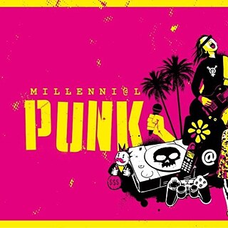 Pink and yellow slogan and woman playing guitar