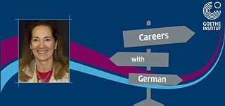 Goethe-Institut graphic featuring a portrait photograph of a person on the left and a signpost on the right. The signs display the words “Careers”, “with”, and “German”. The design uses dark blue, magenta, and light blue elements and promotes career opportunities linked to German language skills.