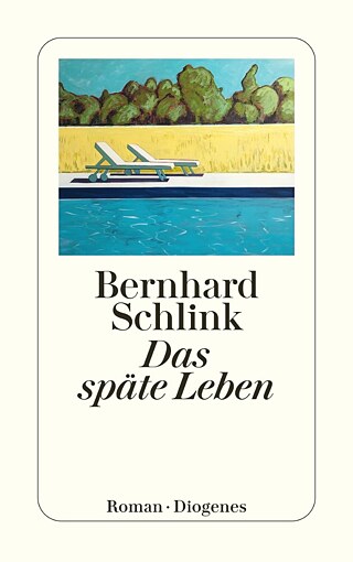 Coverbild von "Das späte Leben". Darauf abgebildet ist ein Gemälde von zwei Liegestühlen hinter einem Pool, vor einer Landschaft.