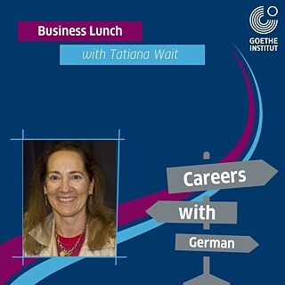 Graphic by the Goethe-Institut featuring a portrait photograph of a person on the left and a signpost on the right. The signpost displays the words “Careers with German”. The dark blue background is complemented by curved magenta and light blue lines. The Goethe-Institut logo appears in the upper right corner.