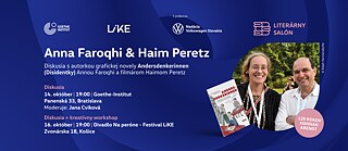 Banner zum Literarischen Salon mit Anna Faroqhi und Haim Peretz. Enthält das Buch Andersdenkerinnen, ein Foto von zwei Personen sowie Angaben zu Veranstaltungen in Bratislava und Košice anlässlich 120 Jahre Hannah Arendt.