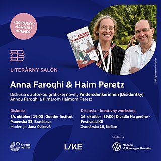 Veranstaltungsgrafik zum Literarischen Salon mit Anna Faroqhi und Haim Peretz. Neben dem Buch Andersdenkerinnen zeigt die Grafik ein Foto von zwei Personen sowie Informationen zu Diskussionen in Bratislava und Košice.