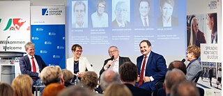 Panel Discussion: From left to right: Dr. Tim Geiger, Prof. Dr. Hélène Miard-Delacroix, Jean-Claude Juncker, Nathanael Liminski, Member of the State Parliament, Helga Schmidt