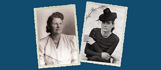2 old fashioned black and white photographs, displayed slightly tilted against a blue background each shoe the portrait of a women.