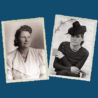 2 old fashioned black and white photographs, displayed slightly tilted against a blue background each shoe the portrait of a women.