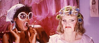 Zwei extravagant gestylte Personen vor einem pinken Hintergrund, eine mit übergroßer Glitzerbrille, die andere mit Lockenwicklern.