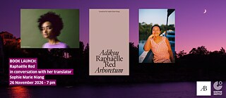 Portraits of Raphaëlle Red and her translator Sophie Marie Niang and the book cover of Adikou