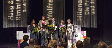 Award ceremony of the Mülheim Theatre Festival 2014: Helgard Haug, Daniel Wetzel / Rimini Protocol, Wolfram Höll and Milena Baisch with Dagmar Mühlenfeld, Lord Mayor of the city of Mülheim an der Ruhr