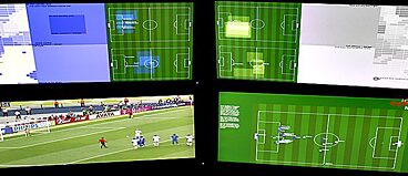 Bildschirme mit Videodaten, Positionsdaten und Ergebnissen mittels neuronaler Netze aus dem WM-Endspiel 2006