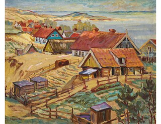 Paula Staschus-Floess (Deutschland, 1879-), „Fischerdorf – Purwin“, ca. 1920, Öl auf Leinwand