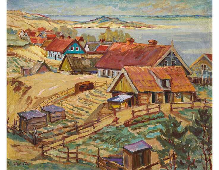 Paula Staschus-Floess (Deutschland, 1879-), „Fischerdorf – Purwin“, ca. 1920, Öl auf Leinwand