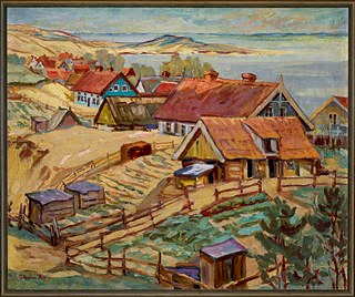 Paula Staschus-Floess (Deutschland, 1879-), „Fischerdorf – Purwin“, ca. 1920, Öl auf Leinwand