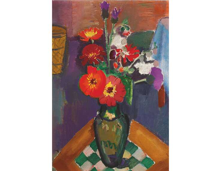 Pranas Domšaitis (Deutschland, 1881-1965), „Blumen vor Lila“, ca. 1935, Öl auf Leinwand