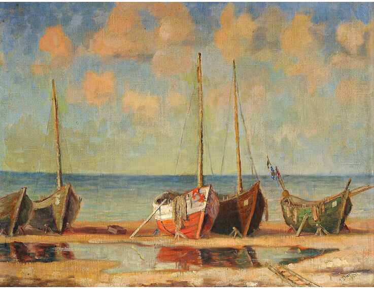 Ilja Dresmanis (Lettland), „Fischerboote am Ostseestrand“, Öl auf Leinwand