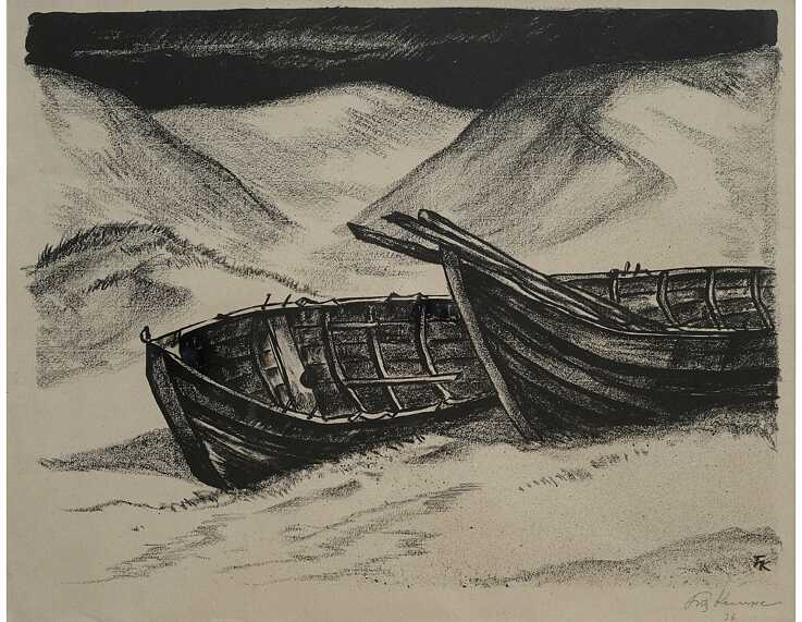 Fritz Kempe (Deutschland, 1898-1971), „Boote in den Dünen“, Graphitlitho