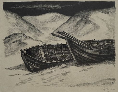 Fritz Kempe (Deutschland, 1898-1971), „Boote in den Dünen“, Graphitlitho