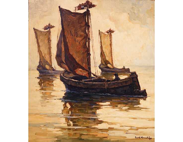 Carl Knauf (Deutschland, 1893-1944), „Kurenkähne im Morgenlicht“, Öl auf Leinwand