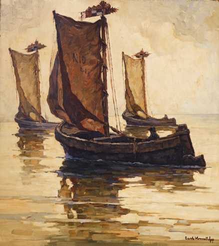 Carl Knauf (Deutschland, 1893-1944), „Kurenkähne im Morgenlicht“, Öl auf Leinwand