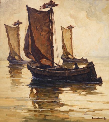 Carl Knauf (Deutschland, 1893-1944), „Kurenkähne im Morgenlicht“, Öl auf Leinwand