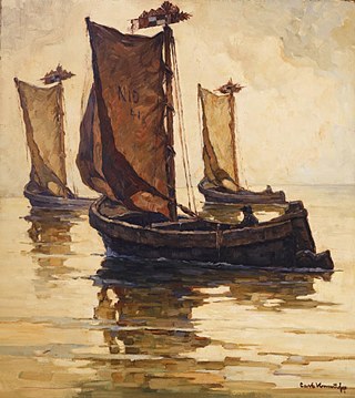 Carl Knauf (Deutschland, 1893-1944), „Kurenkähne im Morgenlicht“, Öl auf Leinwand