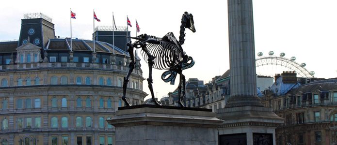 The sculpture of a horse skeleton on the fourth plinth in Trafalgar Square in London